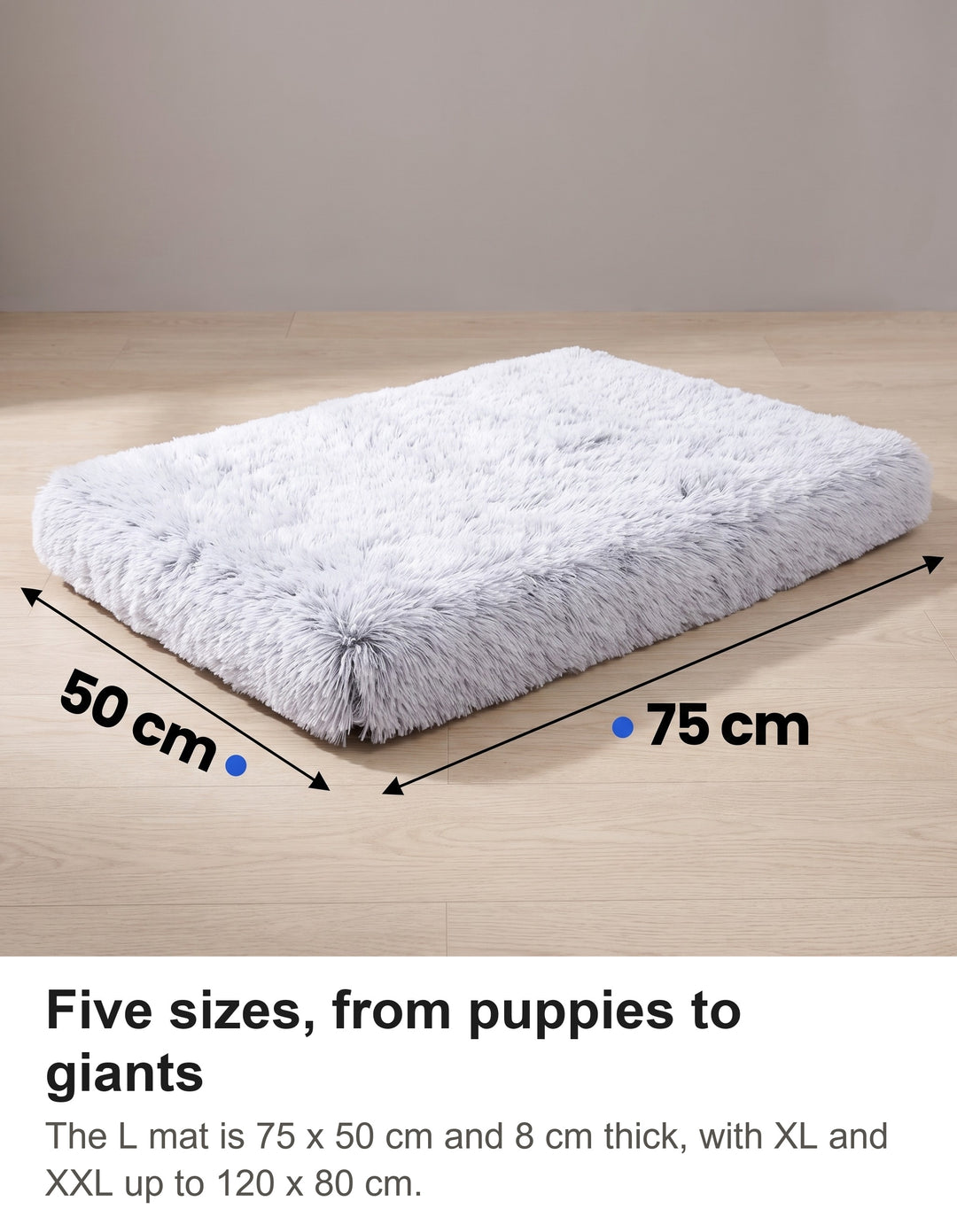Frosted grey fluffy crate mat in size L with its size marked: 75 cm by 50 cm