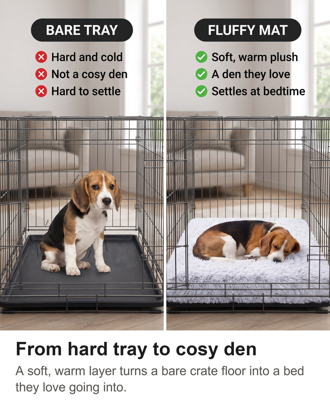 Comparison of a bare crate tray with a crate lined with the fluffy mat
