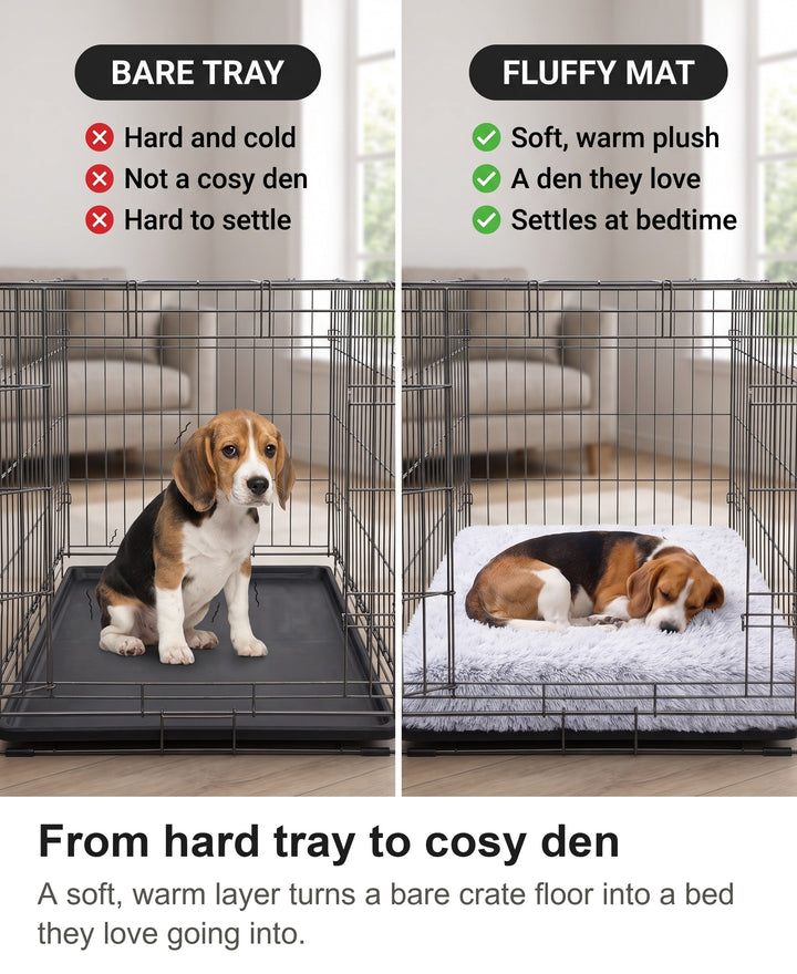Comparison of a bare crate tray with a crate lined with the fluffy mat