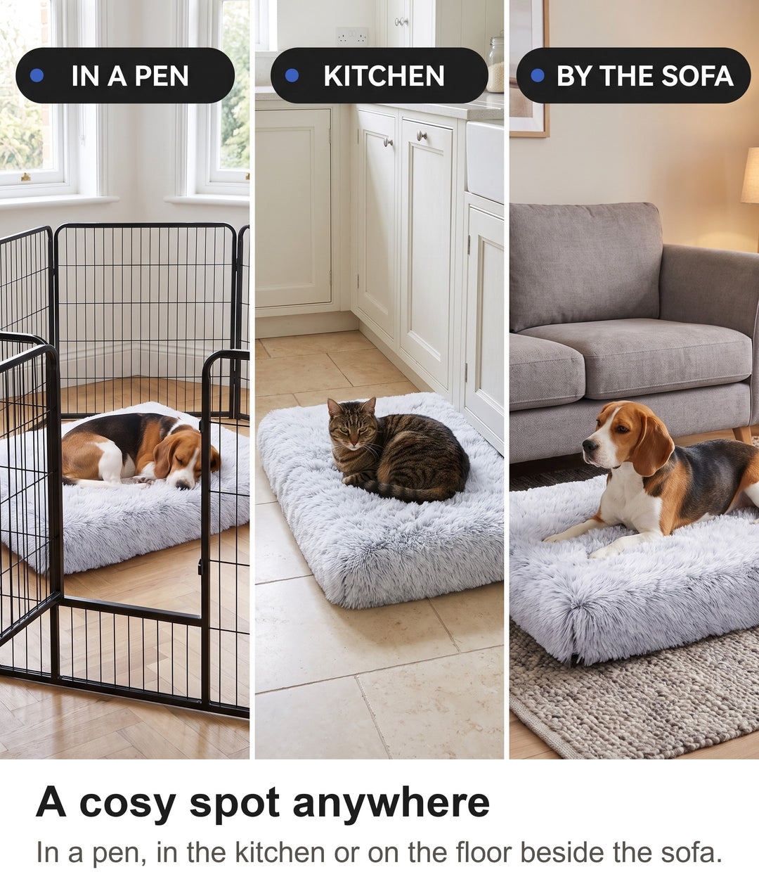 Fluffy crate mat in a pen, a kitchen and beside a sofa