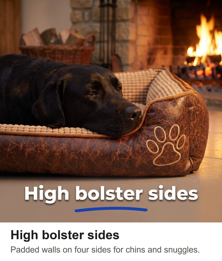 Black Labrador resting its chin on the high padded side of the bolster dog bed