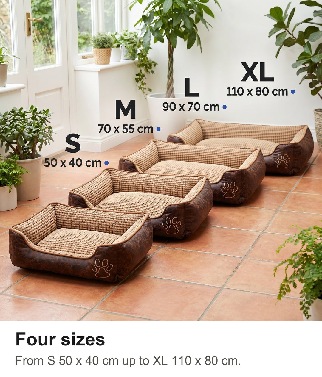 Large dog bed with sides size guide, S 50 x 40 cm to XL 110 x 80 cm