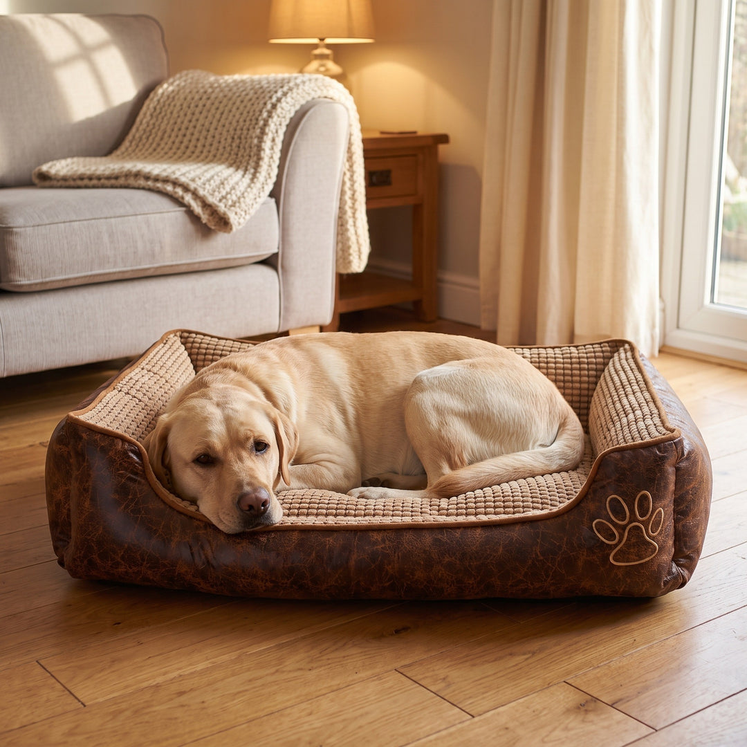 Yellow Labrador lying in the coffee brown large dog bed with high padded sides in a warm UK living room