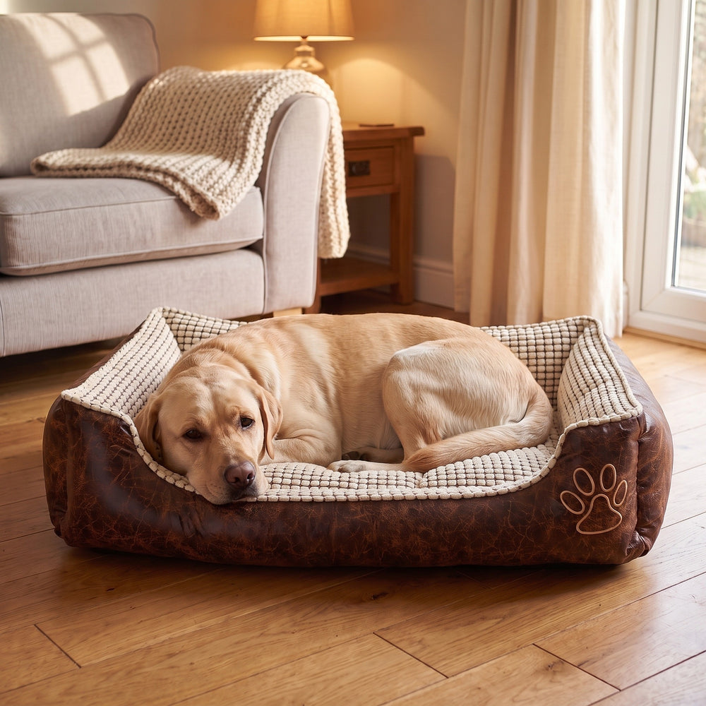 Yellow Labrador lying in the cream large dog bed with high padded sides in a warm UK living room