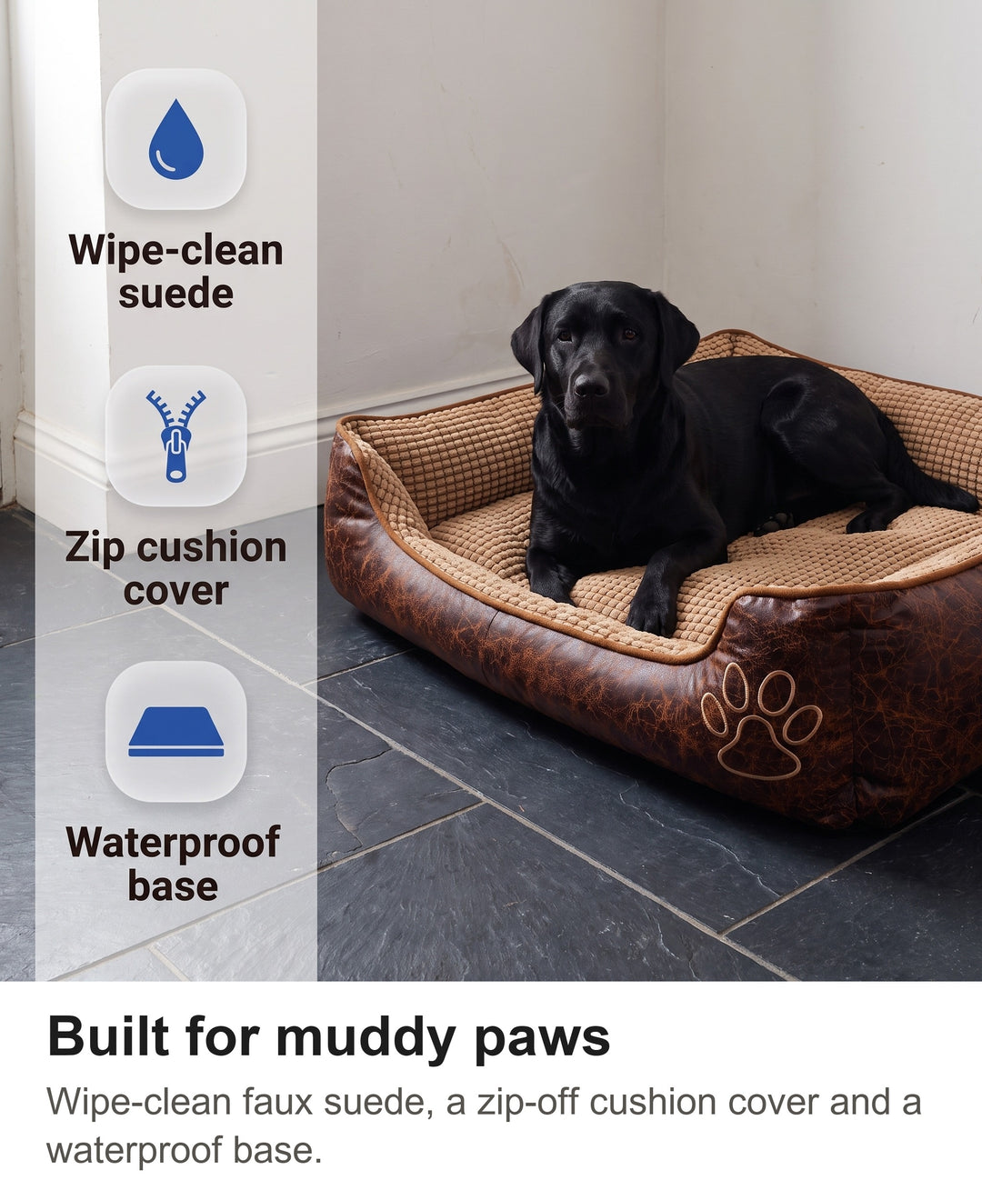 Large dog bed with chips: water-resistant faux suede, zip cover, waterproof base