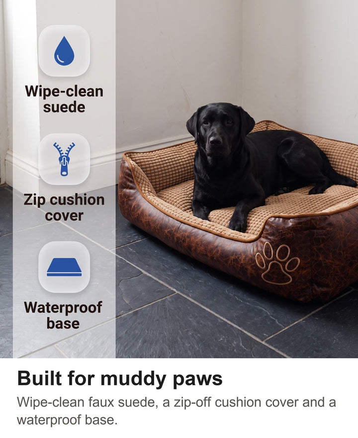 Large dog bed with chips: water-resistant faux suede, zip cover, waterproof base