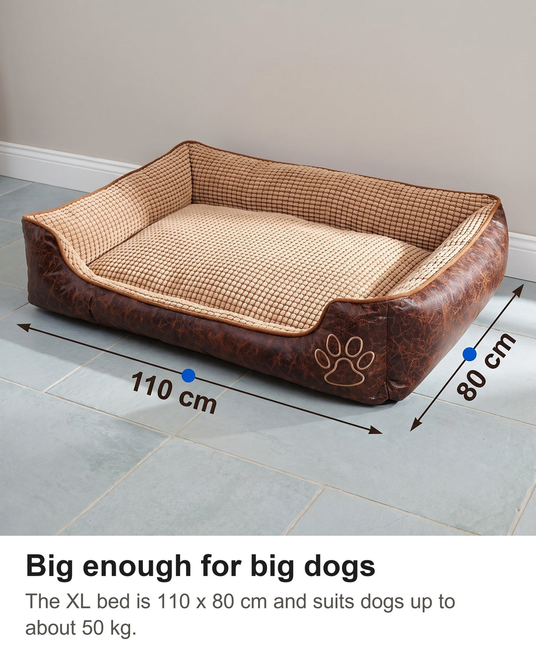 Brown large dog bed with sides in size XL with its size marked: 110 cm by 80 cm
