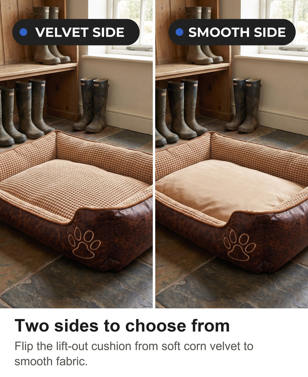 Lift-out cushion of the dog bed shown velvet side and smooth side