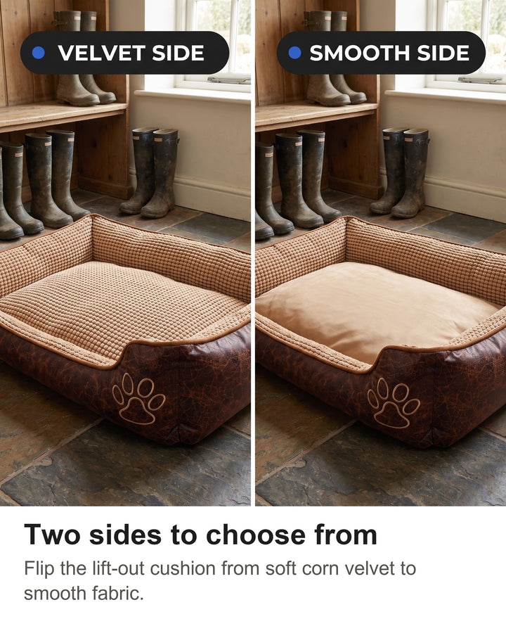 Lift-out cushion of the dog bed shown velvet side and smooth side