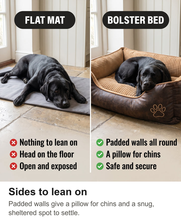 Comparison of a Labrador on a flat mat with a Labrador in the bolster dog bed with sides