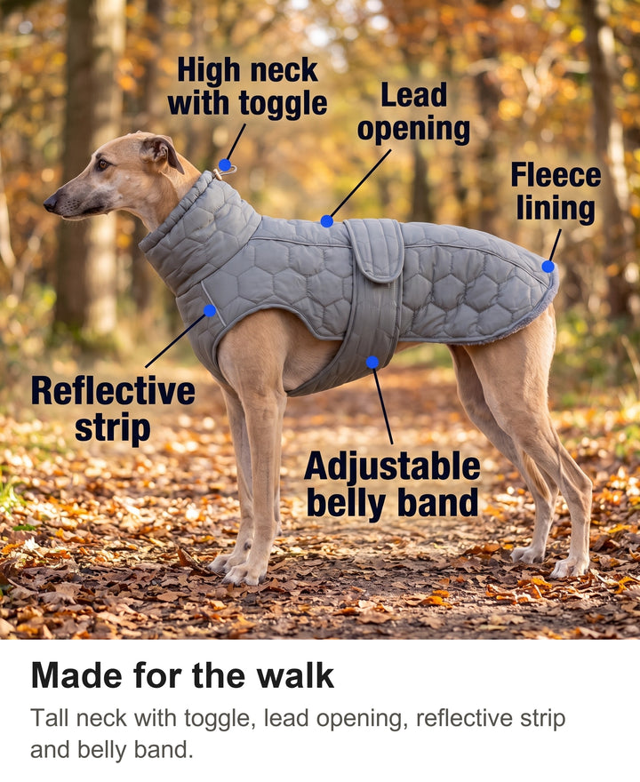 Quilted dog coat with high neck, lead opening, reflective strip, belly band and fleece lining labelled