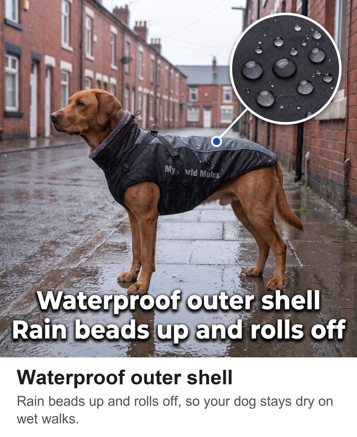 Fox-red Labrador in the waterproof dog coat on a rainy street, rain beading on the fabric