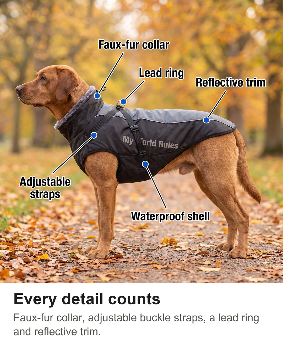 Waterproof dog coat with harness straps, lead ring, fur collar and reflective trim labelled