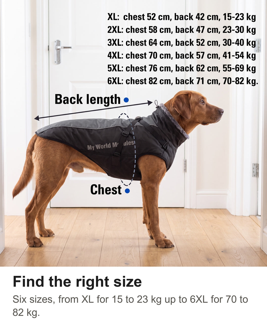 Waterproof dog coat size guide with chest, back length and dog weight