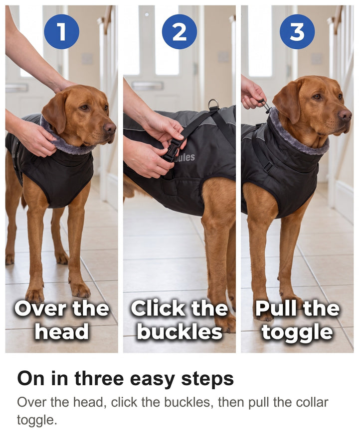 Putting on the dog coat in three steps: over the head, click the buckles, pull the toggle