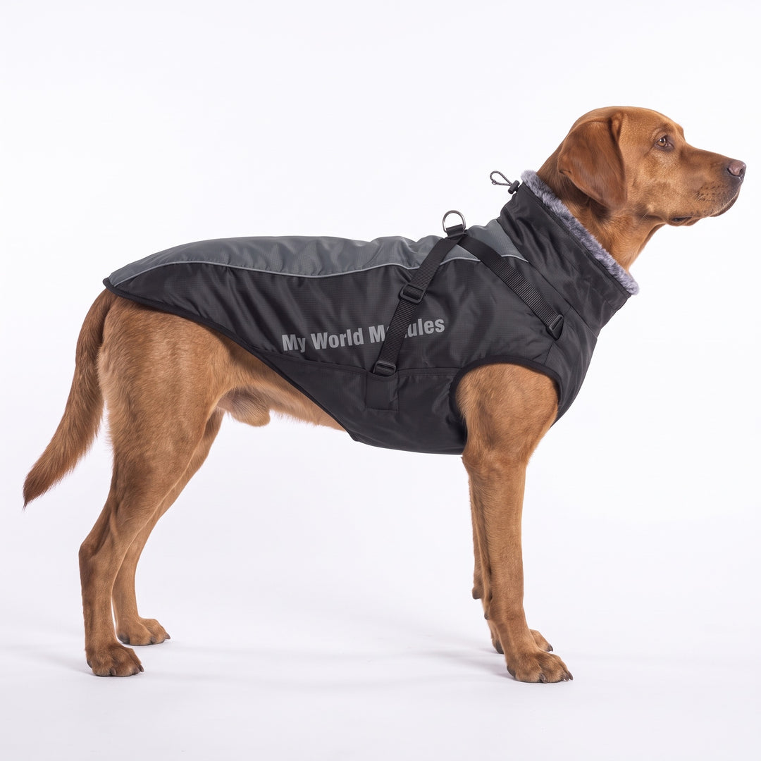 Fox-red Labrador wearing the grey waterproof dog coat with fur collar and harness straps