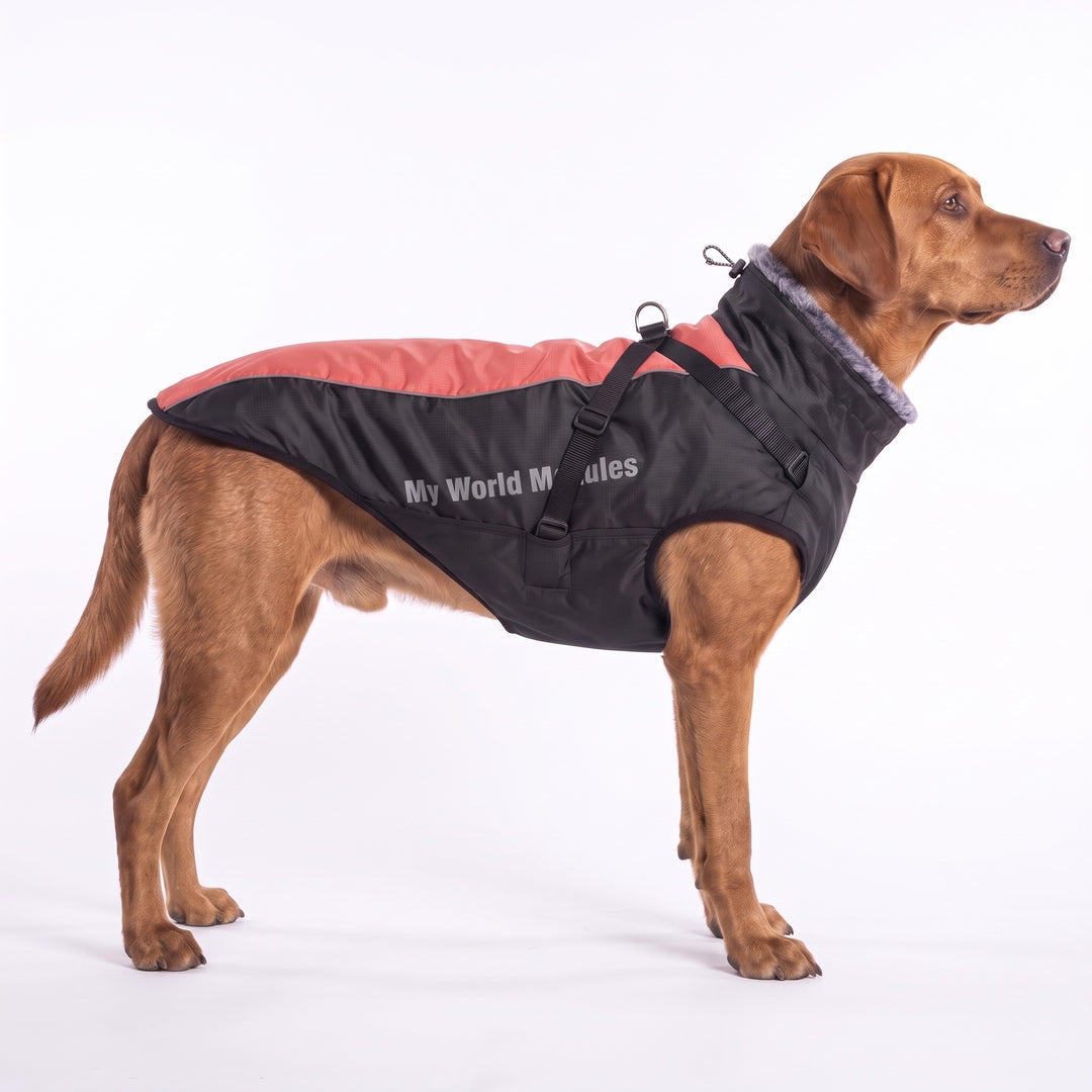 Fox-red Labrador wearing the coral waterproof dog coat with fur collar
