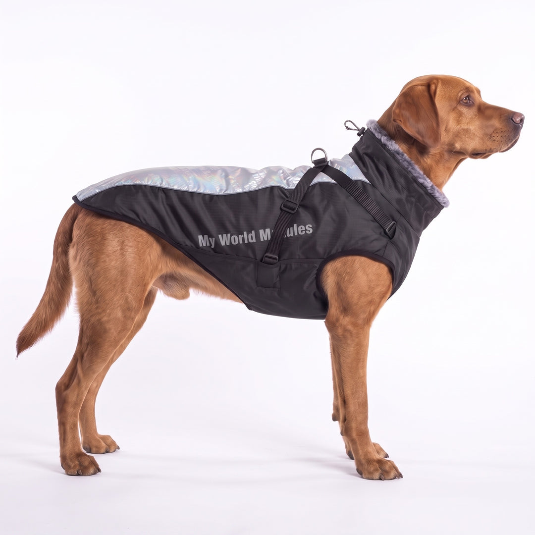 Fox-red Labrador wearing the silver reflective waterproof dog coat with fur collar