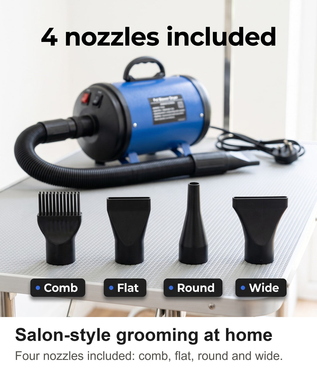 Four black nozzles for the dog grooming dryer: comb, flat, round and wide