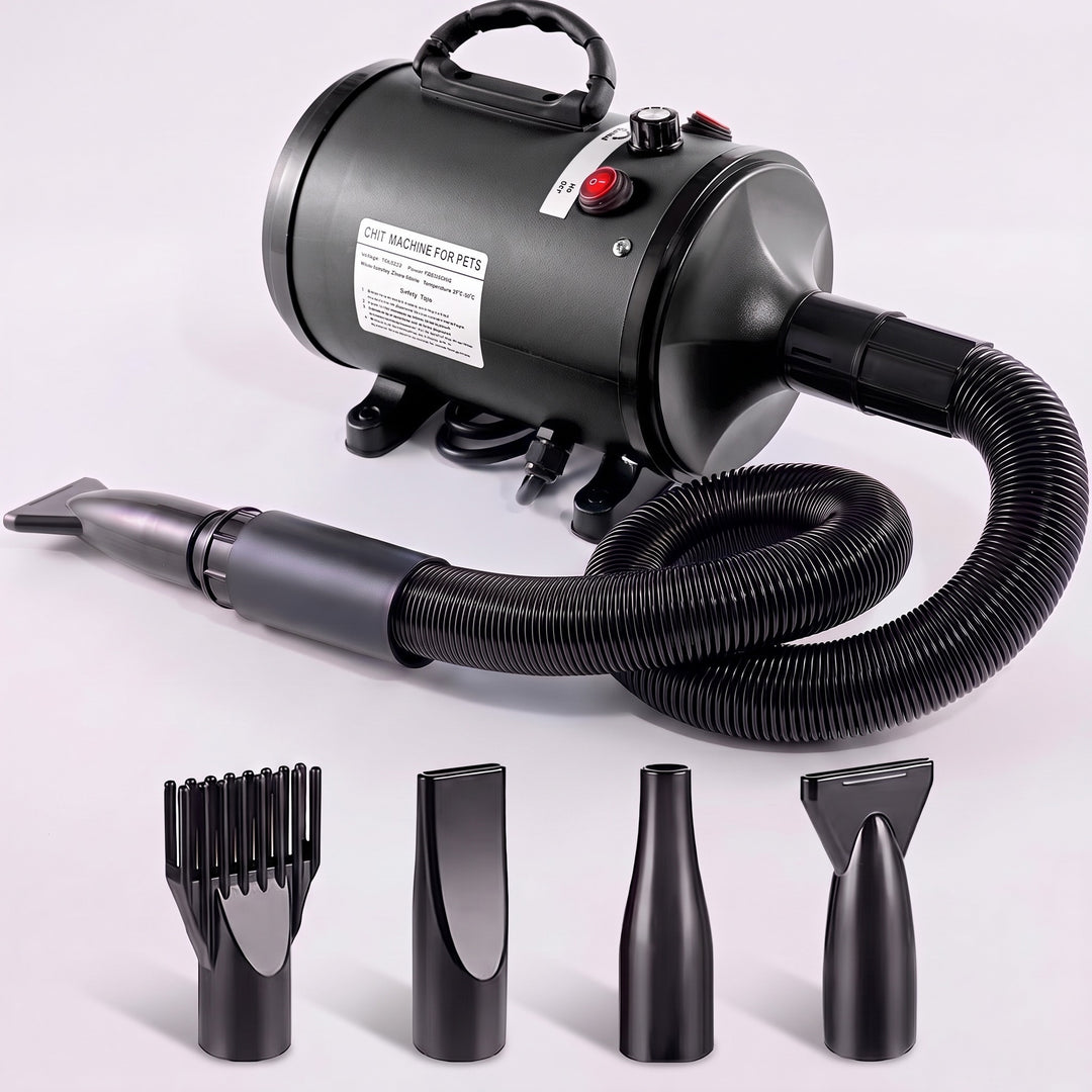 Black high velocity dog hair dryer with hose and 4 nozzles