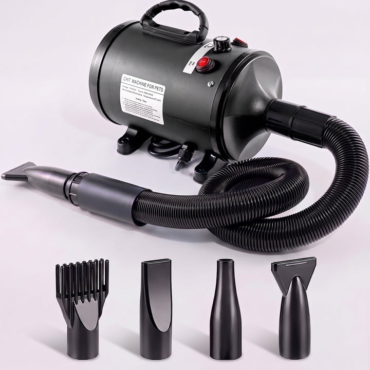 Black high velocity dog hair dryer with hose and 4 nozzles