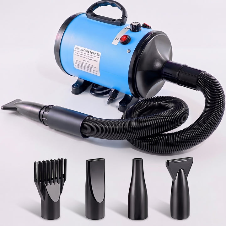 Blue high velocity dog hair dryer with hose and 4 nozzles