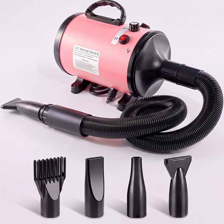 Pink high velocity dog hair dryer with hose and 4 nozzles