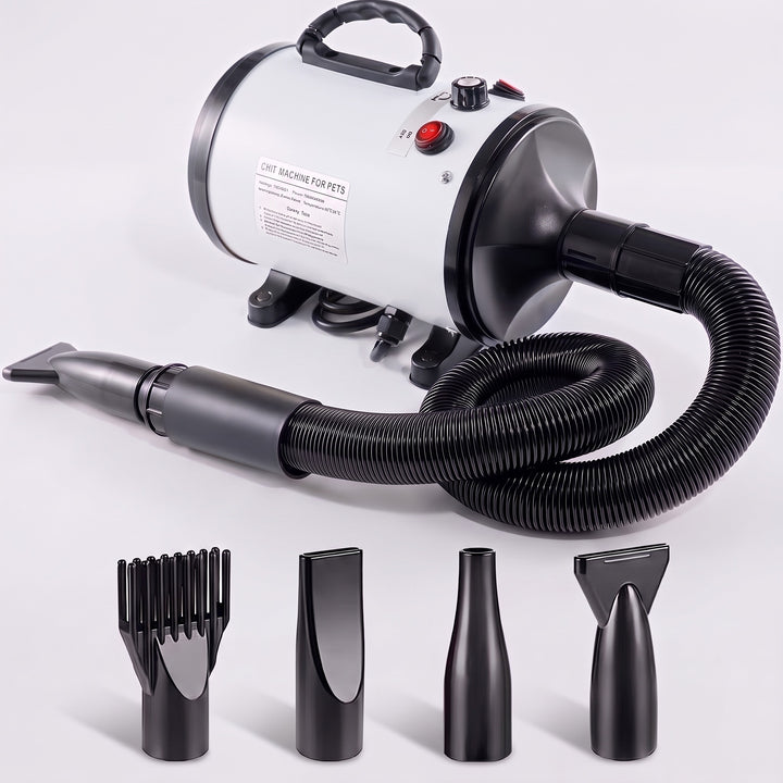 White high velocity dog hair dryer with hose and 4 nozzles