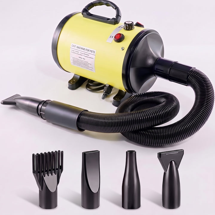 Yellow high velocity dog hair dryer with hose and 4 nozzles