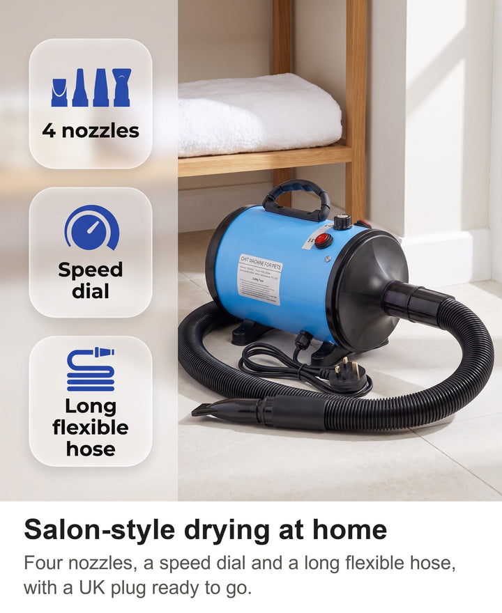 Dog dryer with chips: 4 nozzles, speed dial, long hose