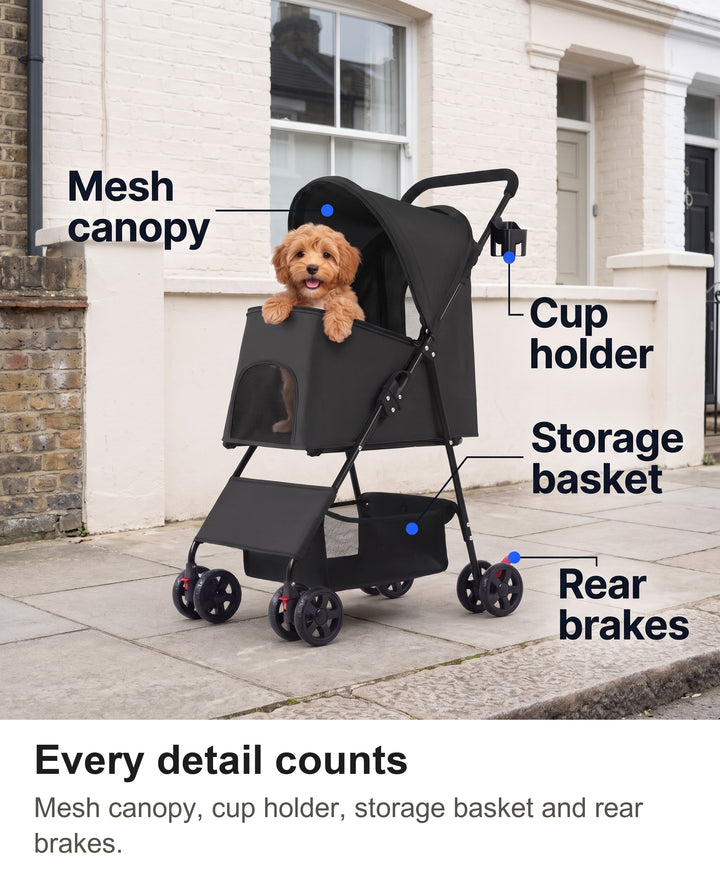 Folding dog pram with mesh canopy, cup holder, storage basket and rear brakes labelled