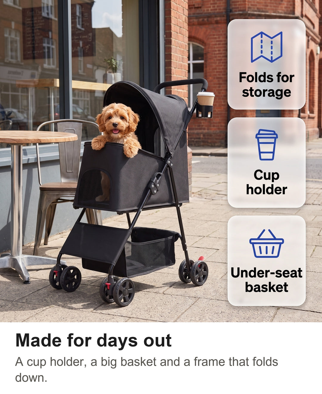 Dog pram parked outside a cafe with a coffee in the cup holder