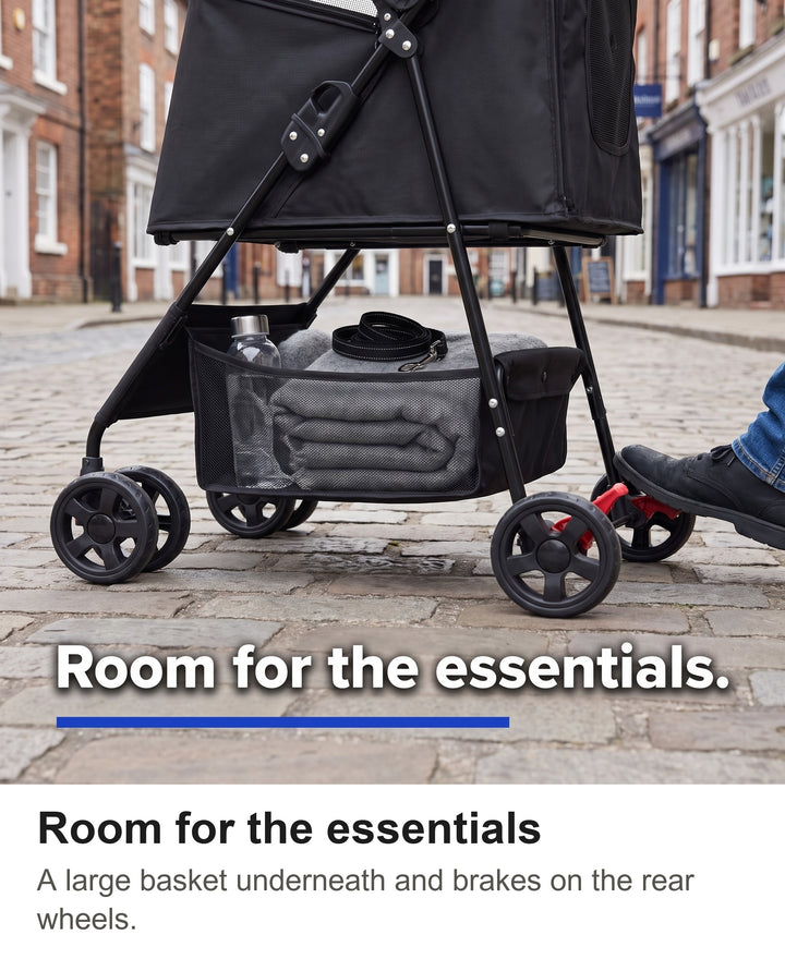 Under-seat storage basket and rear brake of the folding dog pram