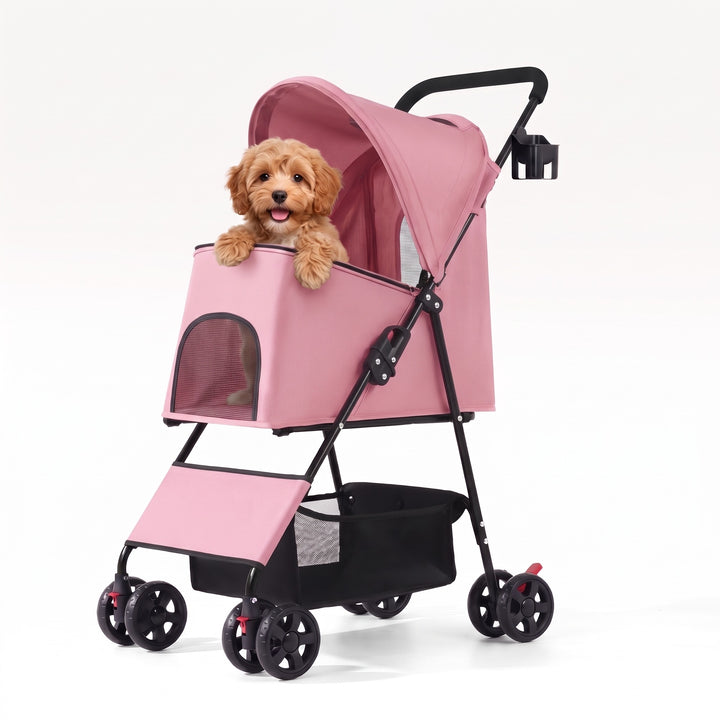 Small dog sitting in the pink folding dog pram