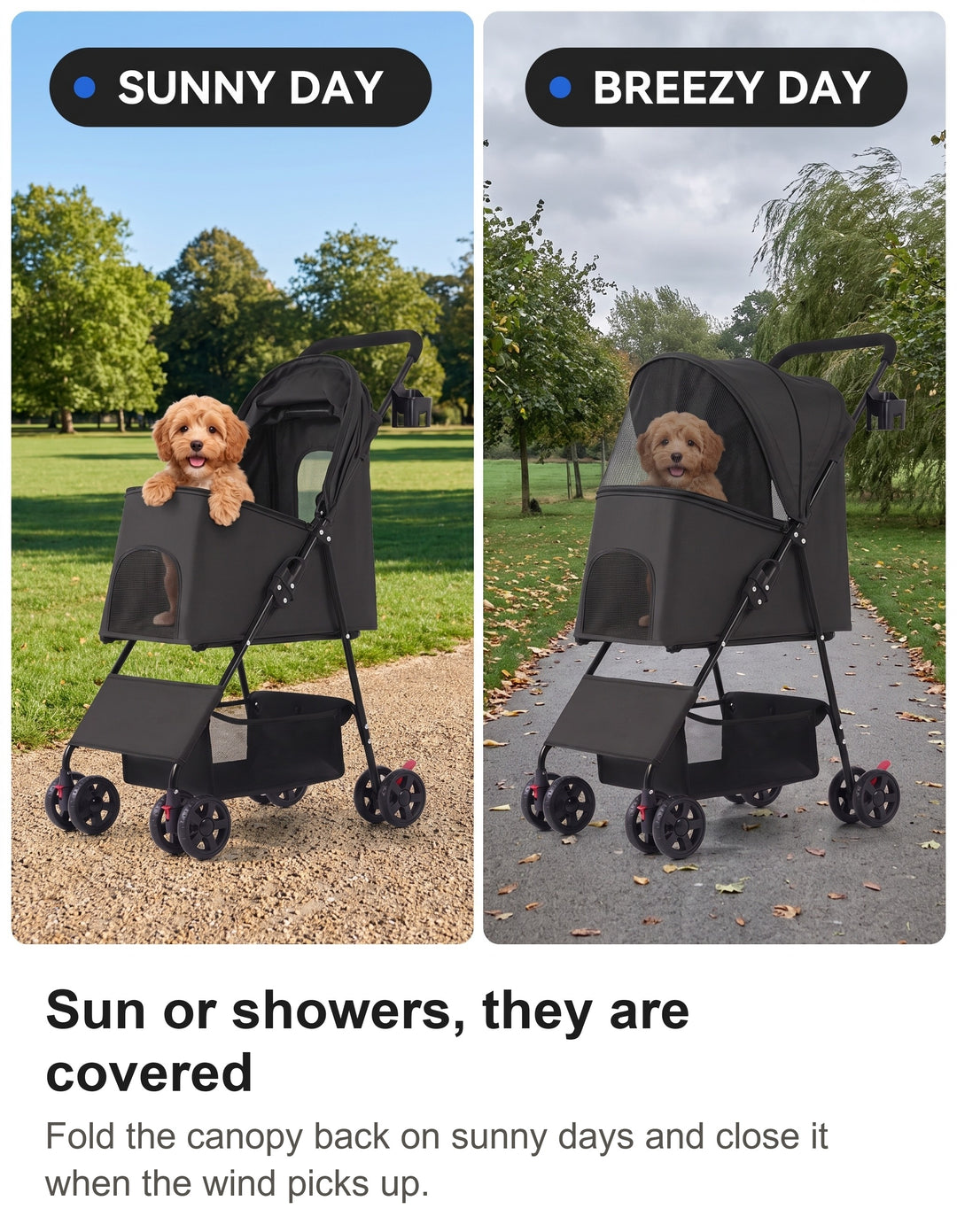 Dog pram with the canopy folded back in the sun and closed on a windy day