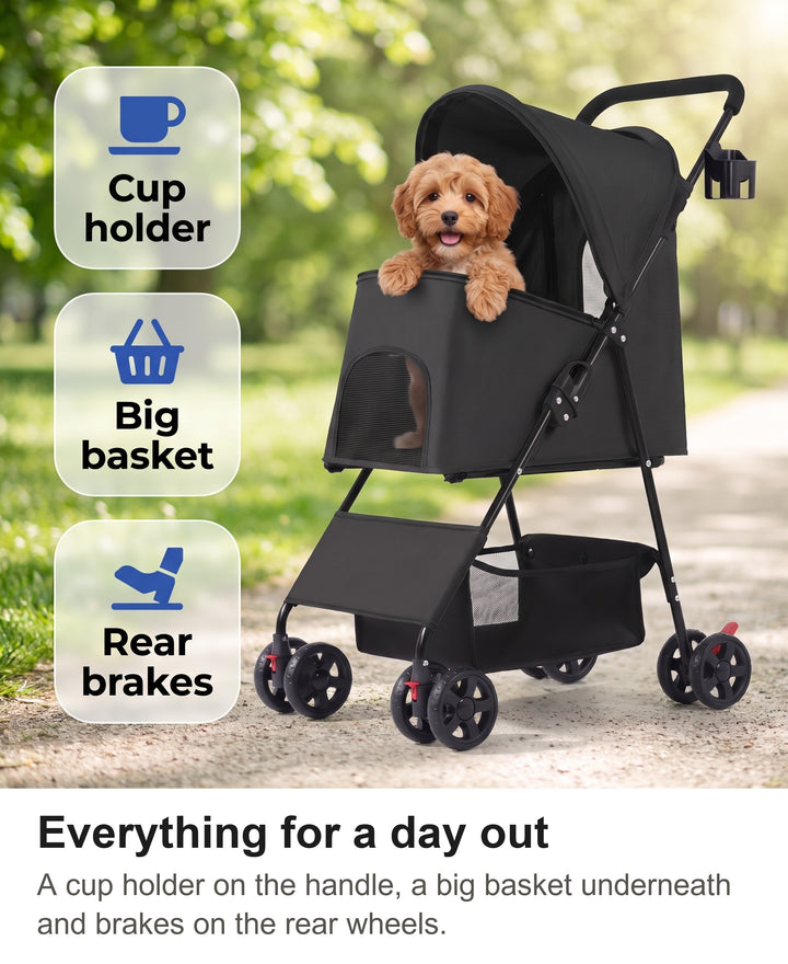 Dog pram with chips: cup holder, under-seat basket, rear wheel brakes