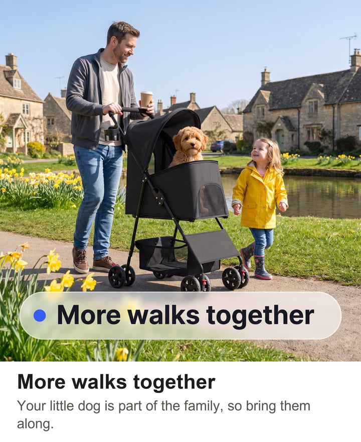 Family with a child walking beside the dog pram with a small dog on a sunny day