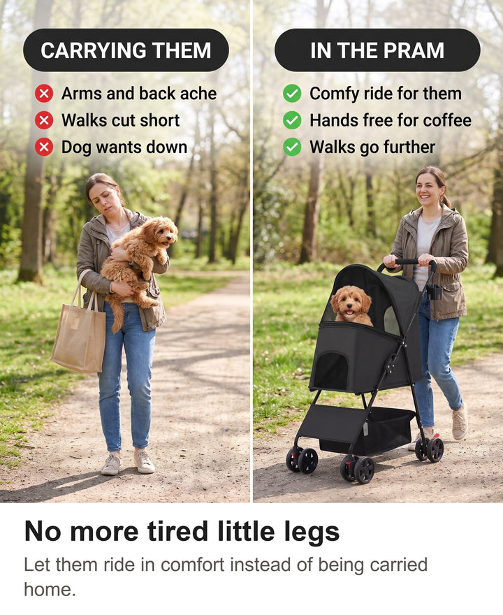 Comparison of a woman carrying a tired small dog with the dog riding in the folding dog pram