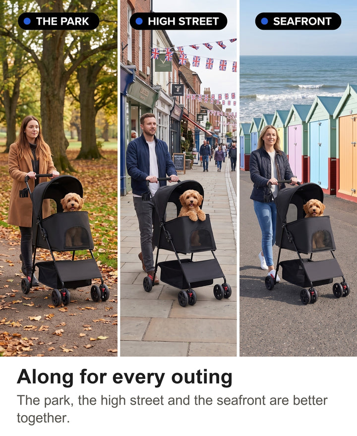 Dog pram in a park, on a high street and on a seafront promenade