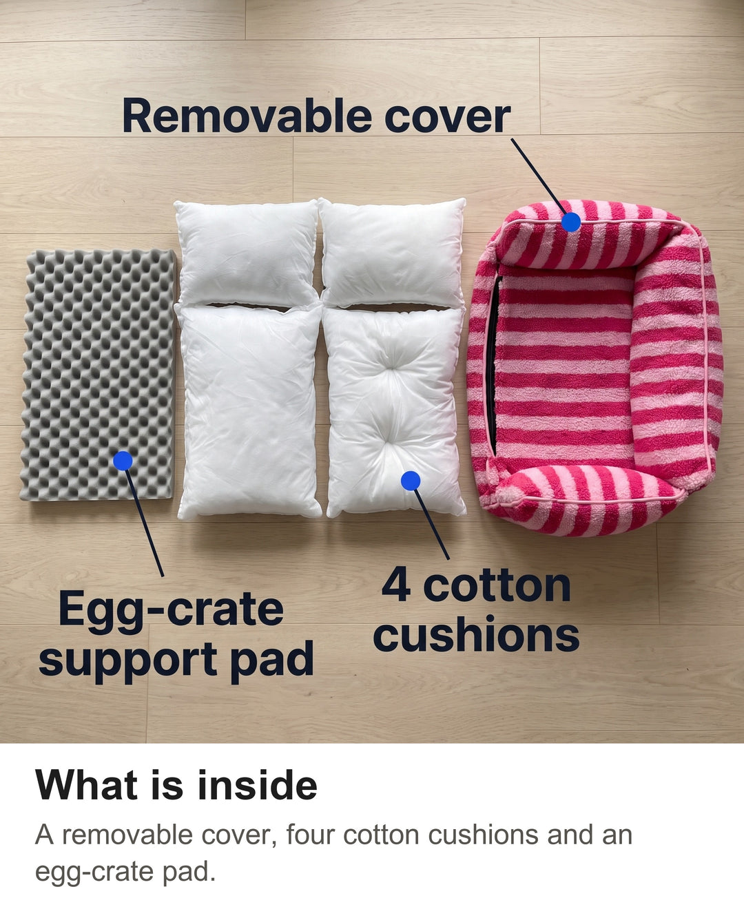 Inside the striped dog sofa: removable cover, four cotton cushions and an egg-crate support pad