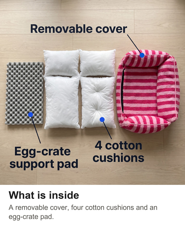 Inside the striped dog sofa: removable cover, four cotton cushions and an egg-crate support pad