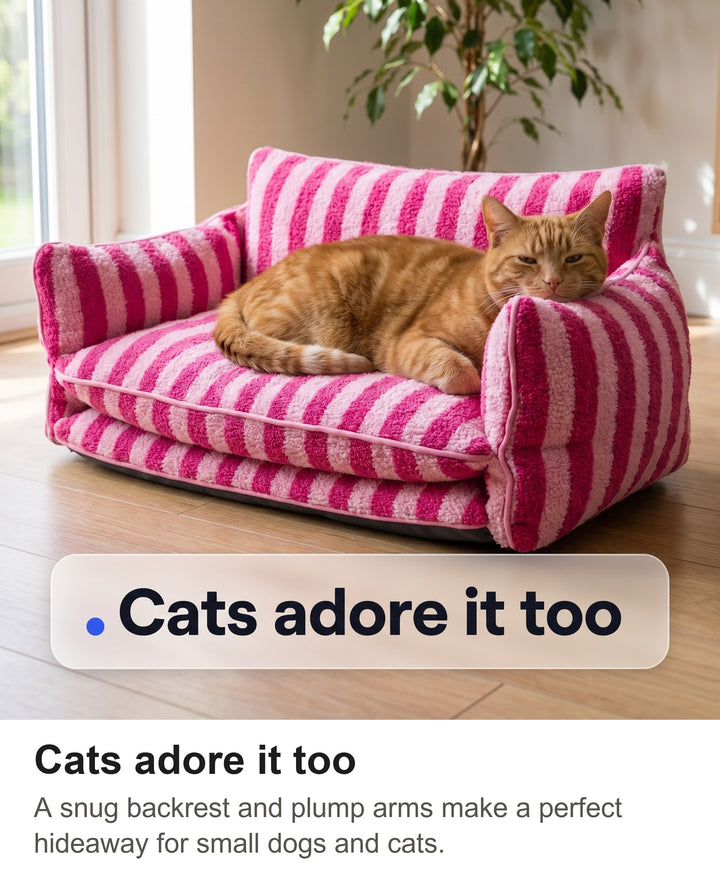Ginger cat curled up on the pink striped dog sofa