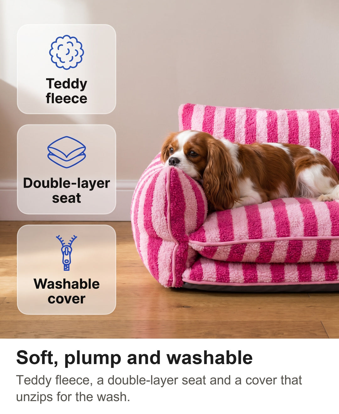 Striped dog sofa with chips: teddy fleece, double-layer seat, washable cover