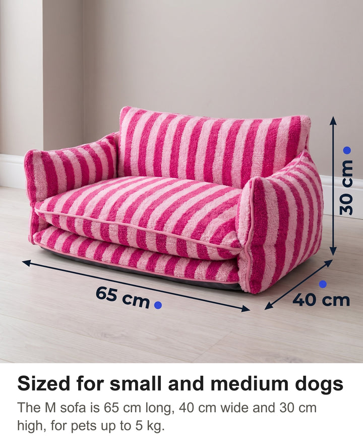 Pink striped dog sofa in size M with its size marked: 65 cm long, 40 cm wide, 30 cm high