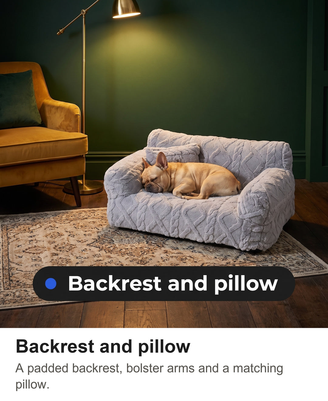 French bulldog asleep on the light grey dog sofa bed with its head on the pillow in a cosy living room
