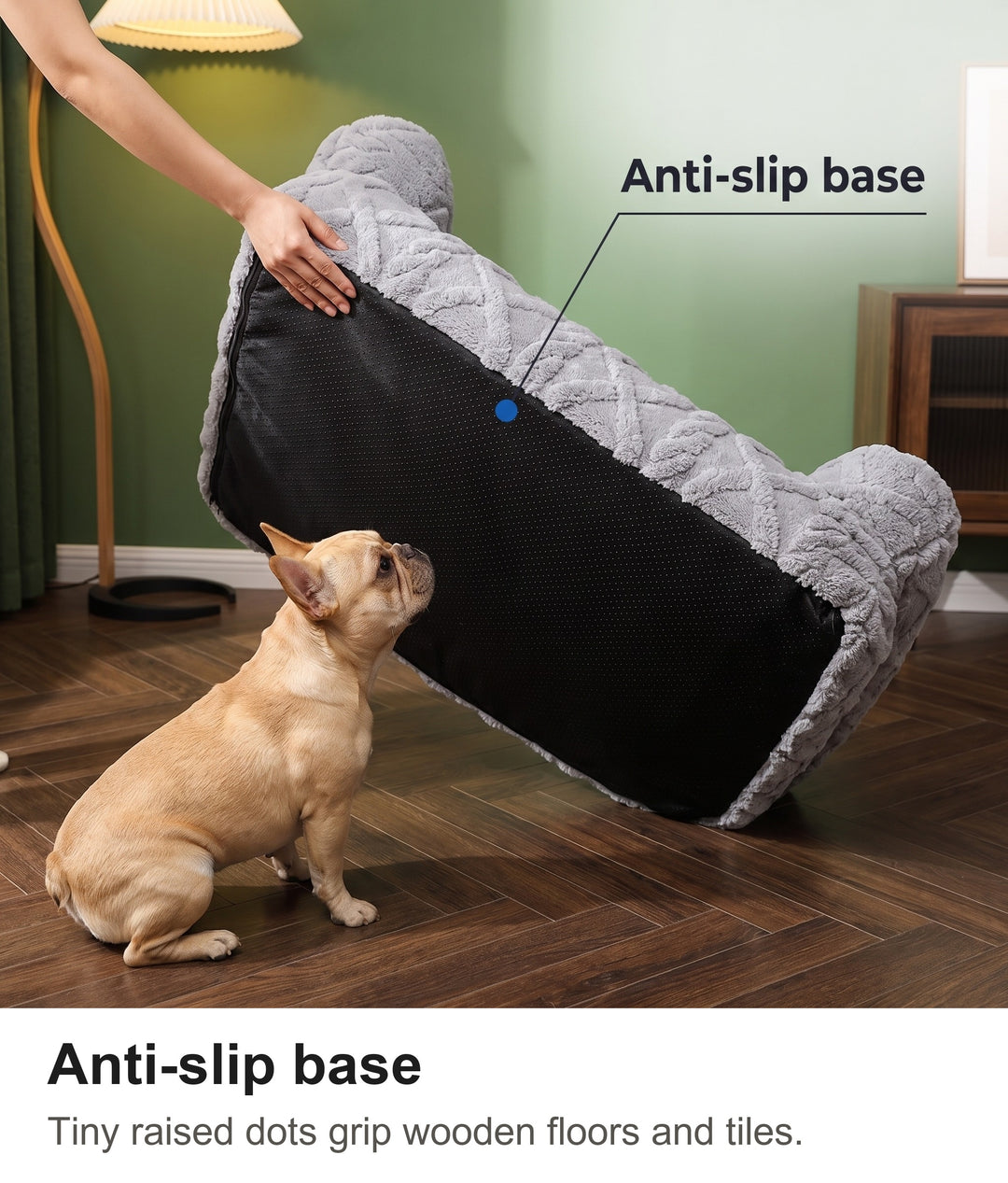 Underside of the dog sofa bed showing the black anti-slip dotted base