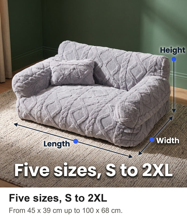 Dog sofa bed size guide with length, width and height, five sizes S to 2XL