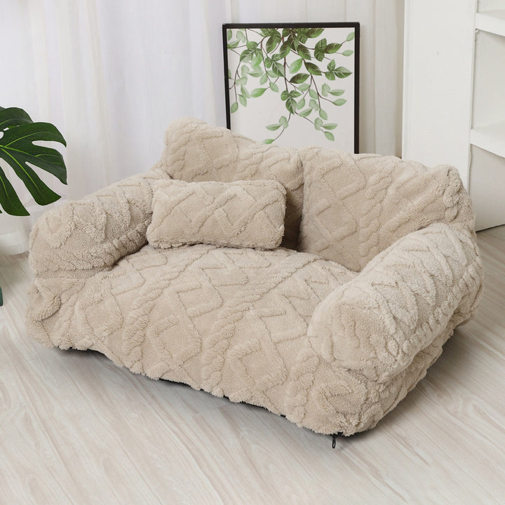 Beige dog sofa bed with backrest, bolster arms and pillow