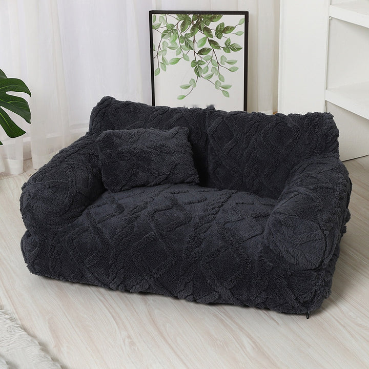 Dark grey dog sofa bed with backrest, bolster arms and pillow