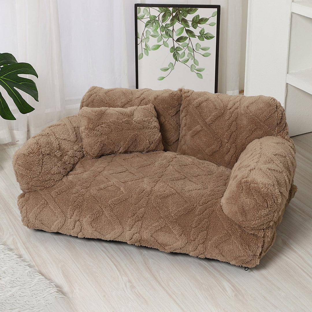 Khaki dog sofa bed with backrest, bolster arms and pillow